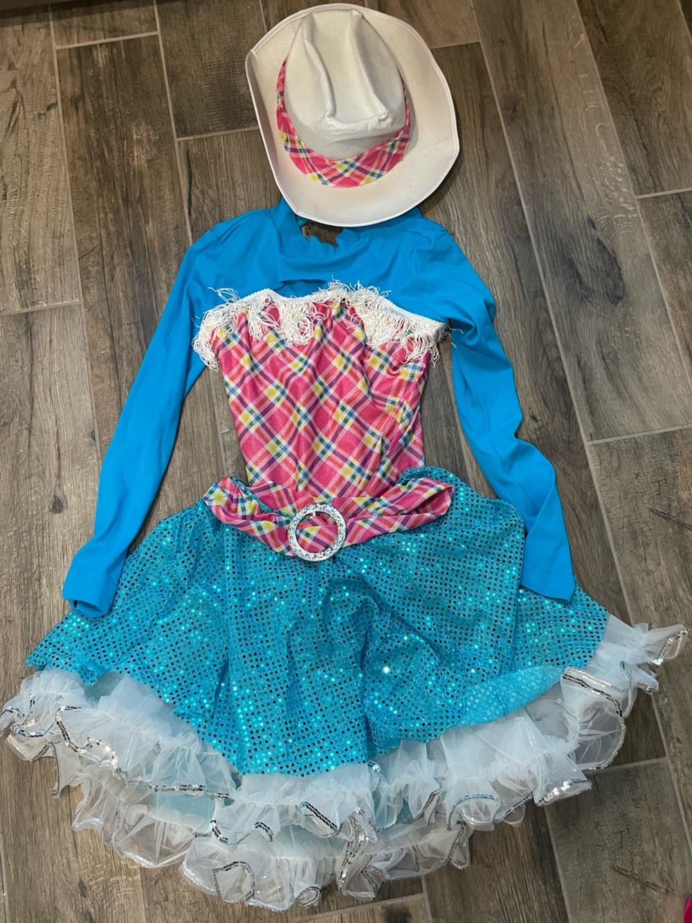 Kids Plaid & Sequin Blue cowboy Costume Dress with Fringe